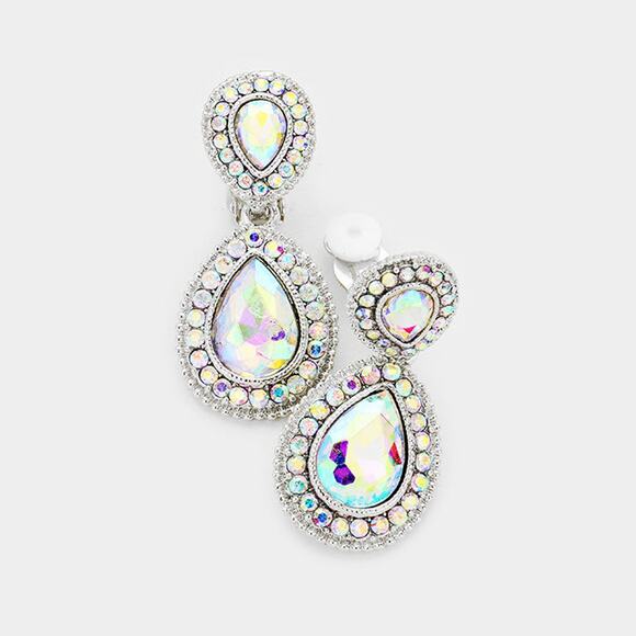 Clip on 1 3/4" silver double teardrop fluorescent stone earrings - Picture 1 of 4